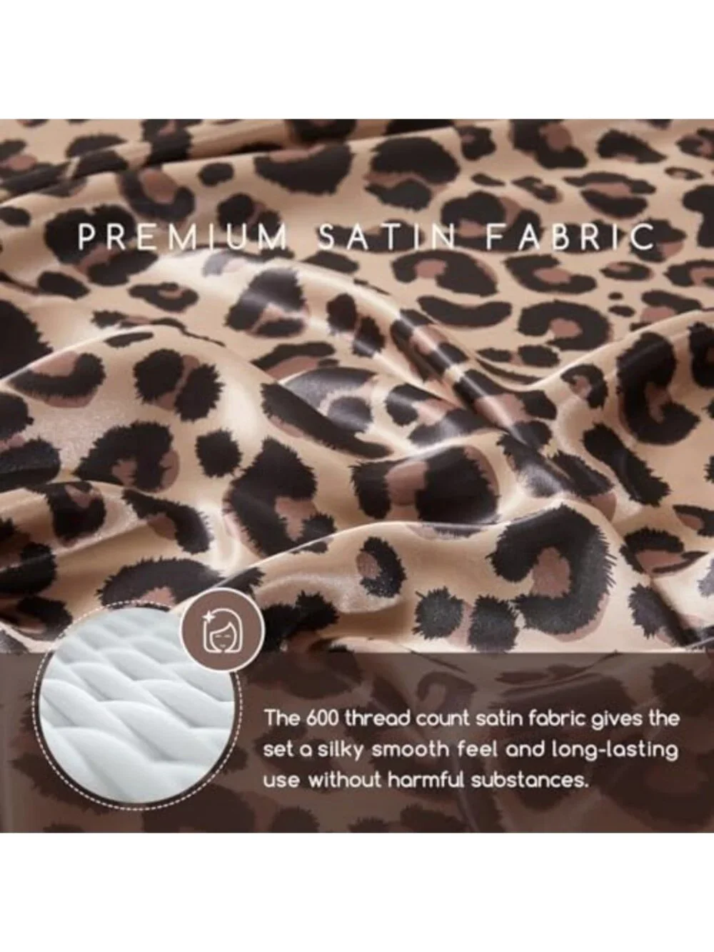 Satin Queen Size Sheets with Elastic Corner Straps, Brown Leopard Print Design